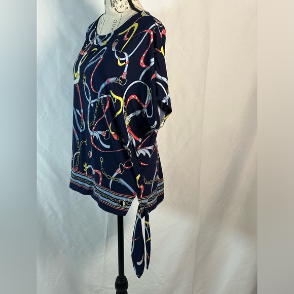 Rafaella Blue and Red Relaxed Tie Front Blouse - Picture 4 of 11